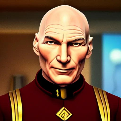 Image similar to captain picard with long hair on his head, hyperrealistic, dynamic lighting