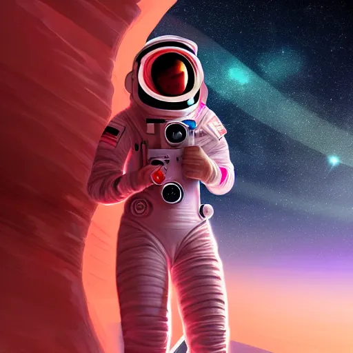 Image similar to A wide angle shot from below of a female astronaut with a feminine body walking with swagger towards camera on mars in an infinite universe , synthwave digital art