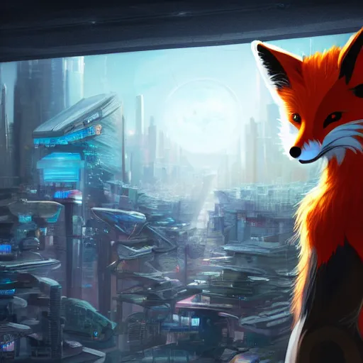 Image similar to an anthropomorphic fox with a fluffy tail staring over a futuristic city from the top of a roof, highly detailed, trending on furaffinity, cyberpunk, backlighting, cartoon