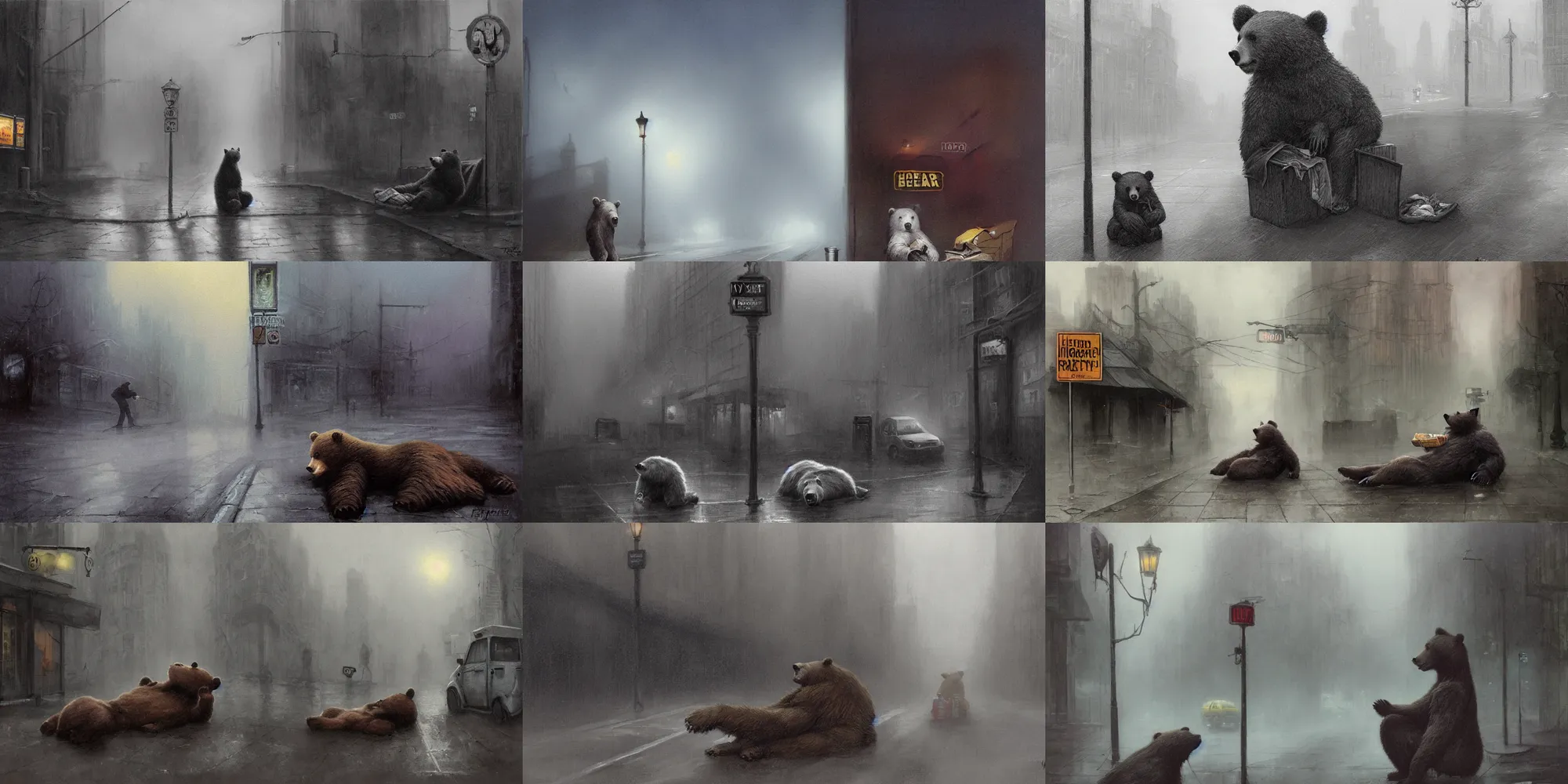 Prompt: hyper - realistic anthropomorphic bear homeless laying in a dark rainy street corner under carton boxes, honey dispensary, eerie foggy sky, frank frazetta, alex horley, ralph horsley, michael whelan