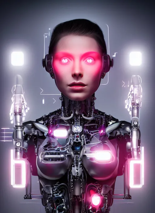 Image similar to photorealistic detailed full body picture of a female cyborg, pretty face with arms and legs, glamour pose, neon lights, humanoid, extreme, uhdr, book called the most influental cyborg in 2 0 5 0, fine details, highly detailed, intricate, smooth sharp focus, symmetrical features, environmental portrait