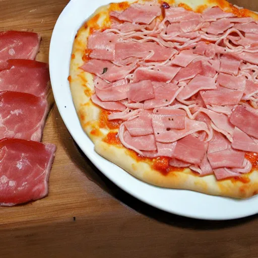 Image similar to ramen noodle and ham pizza with pepto bismol sauce.