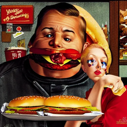 Prompt: doja cat eating a massive big mac hamburger, extra pickles and onions, ultra detailed, style of norman rockwell, style of richard corben, 4 k, rule of thirds.