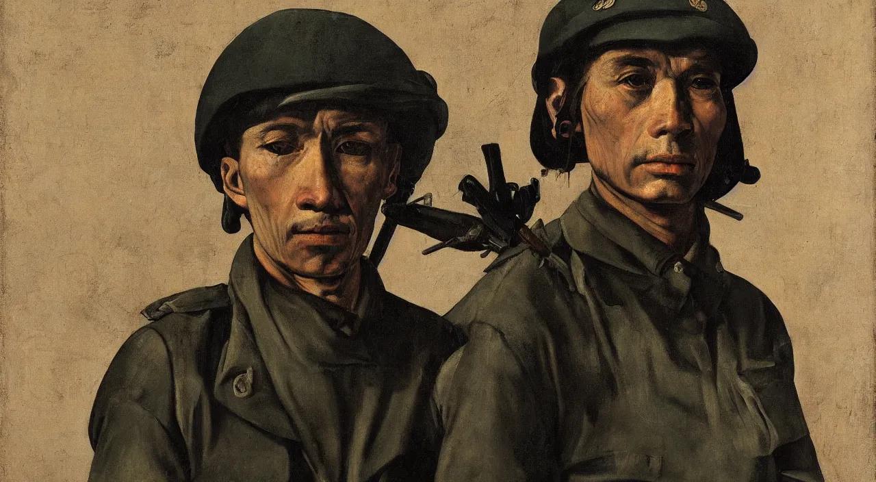 Prompt: a portrait of vietnam war soldier by caravaggio