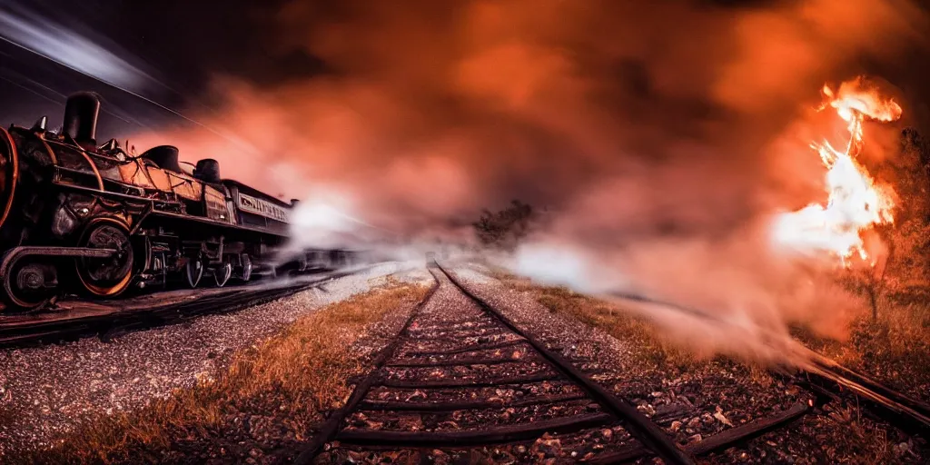 Prompt: fisheye lens slow motion with trail effect of blazing old train with steam locomotive, long exposure shot , at night in the middle of a rainy street, paddle of water, steam, fog, water splashes, rim lights, glossy reflections, water droplets on lens, octane render, dark and dramatic, explosions in the background, detailed and soft, fisheye lens, smooth, sharp focus, illustration, cyberpunk, sci-fi, fantasy, intricate, elegant, highly detailed, digital painting, artstation, concept art, smooth, sharp focus, illustration, art by Yintion J - Jiang Geping and artgerm and greg rutkowski and alphonse mucha