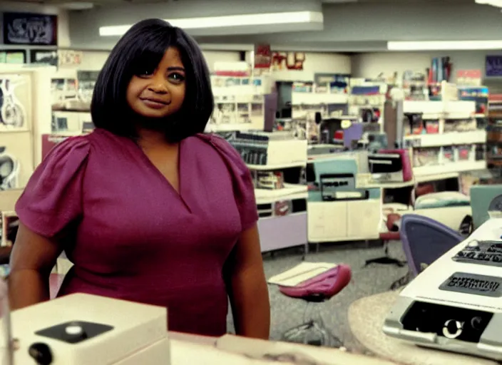 Image similar to cinematic shot of octavia spencer in an small used electronics store next to an old electronic keyboard, iconic scene from the paranoid thriller sci fi film directed by stanley kubrick, anamorphic lens, moody dark cinematography, beautiful composition, color theory, leading lines, photorealistic hands, 4 k