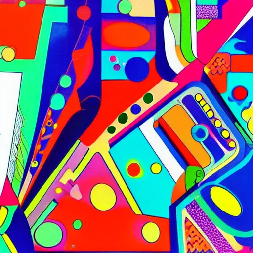 Image similar to abstract forms in the bold colourful detailed style of mike hinge,