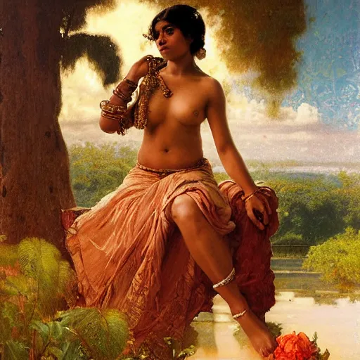 Image similar to detailed potrait 8 0 s srilankan girl with tatoos in baroque painting, girl graceful,, painting by gaston bussiere, craig mullins, j. c. leyendecker, lights, art by ernst haeckel, john william godward, hammershøi,,