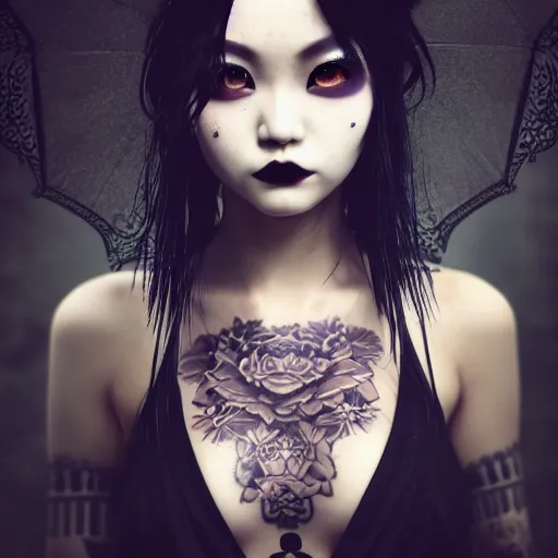 Image similar to japanese gothic model with maximalist hair style and kanji tattoos, dark colors, fashion model, portrait shot, depth of field, 8 k, hyper detailed, intricate, trending on artstation