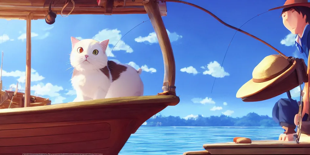 Image similar to a wholesome animation key shot of a cute cat on a fishing boat wearing a sunhat, studio ghibli, pixar and disney animation, sharp, rendered in unreal engine 5, anime key art by greg rutkowski, bloom, dramatic, dynamic lighting