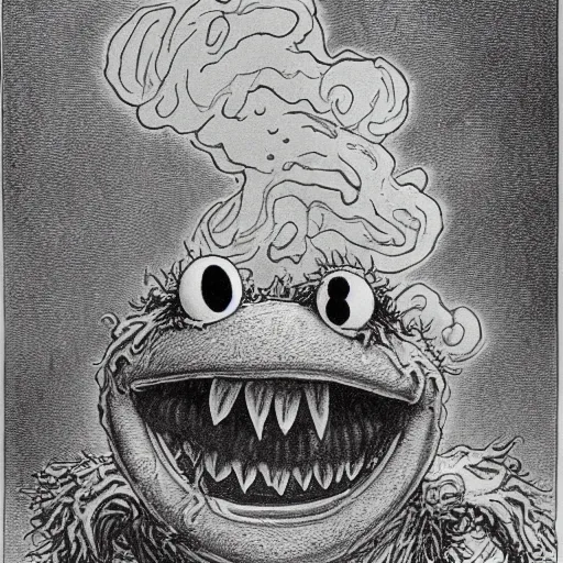 Image similar to full body grayscale drawing by Gustave Dore of Kermit the Frog as an undead monster, Sesame Street, swirling wispy smoke, intricate, very very detailed