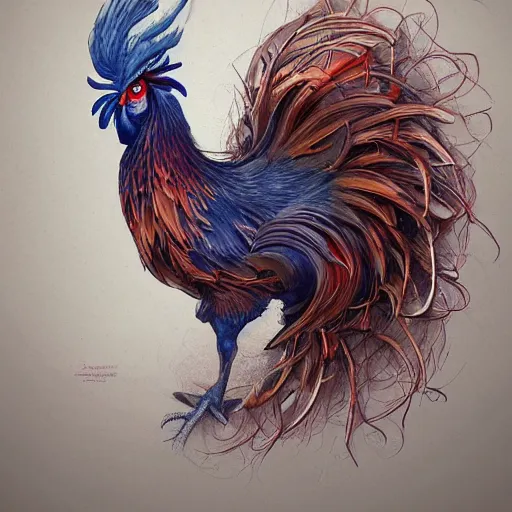 Image similar to a wlop 3 d render of very very very very highly detailed beautiful mystic portrait of a phantom undead rooster with whirling galaxy around, tattoos by anton pieck, intricate, extremely detailed, digital painting, artstation, concept art, smooth, sharp focus, illustration, intimidating lighting, incredible art,