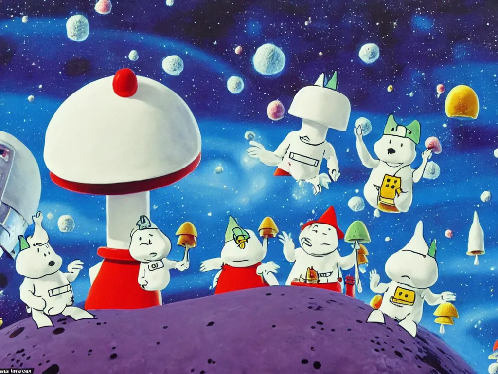 Image similar to moomins in space suits flying around with jetpacks discovering the mushroom planet, photorealistic painting, cgi, low light, movie still, very cozy and fluffy and sweet