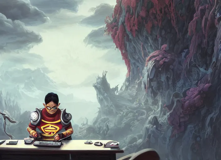 Image similar to an insanely detailed painting of an asian man wearing a homemade superhero costume, sitting at a desk, staring seriously at the computer and typing, in the style of peter mohrbacher, james jean, artgerm, dramatic lighting and composition, surreal background, octane render, pixar, trending on artstation, concept art, comic book, view from behind, 8 k