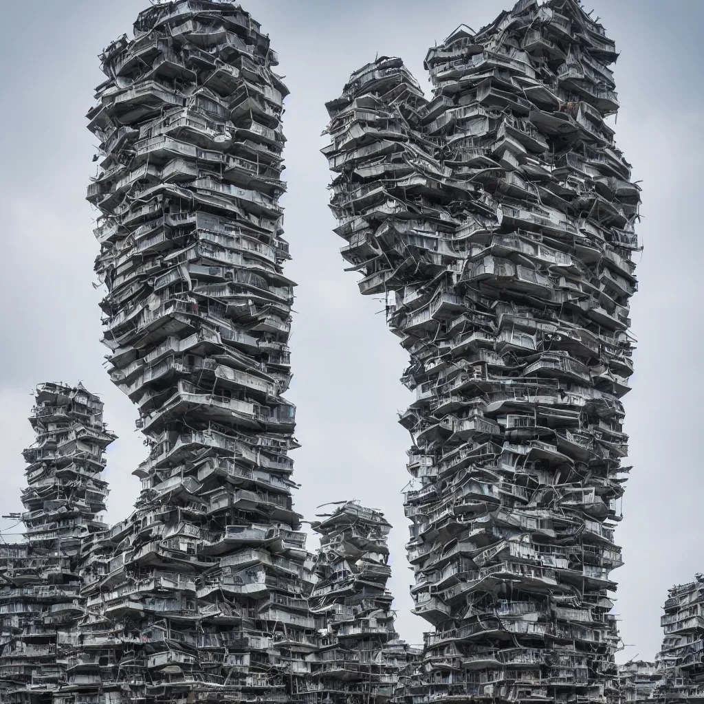 Prompt: a tower made up of makeshift squatter shacks, dystopia, sony a 7 r 3, f 1 1, fully frontal view, photographed by zaha hadid, ultra detailed,