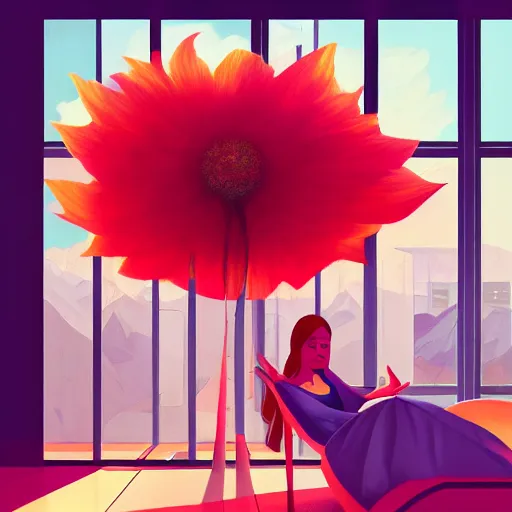 Image similar to giant flower as head, woman next to modern windows, luxury apartment, surreal photography, dramatic light, impressionist painting, digital painting, artstation, james gilleard