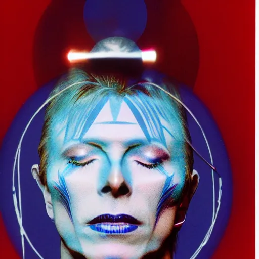 Image similar to cosmic daoist david bowie with whole face yin - yang symbol painted on face, singing into microphone and comets sparkling nearby