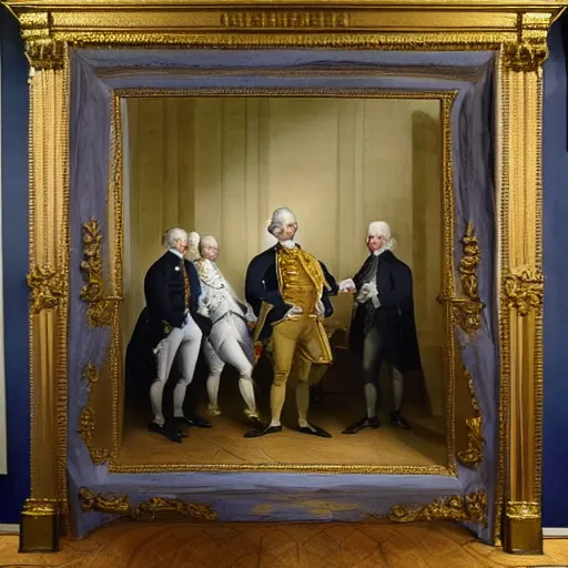 Prompt: george washington meets king george iii at buckingham palace, enlightenment style painting, high quality detail and realistic