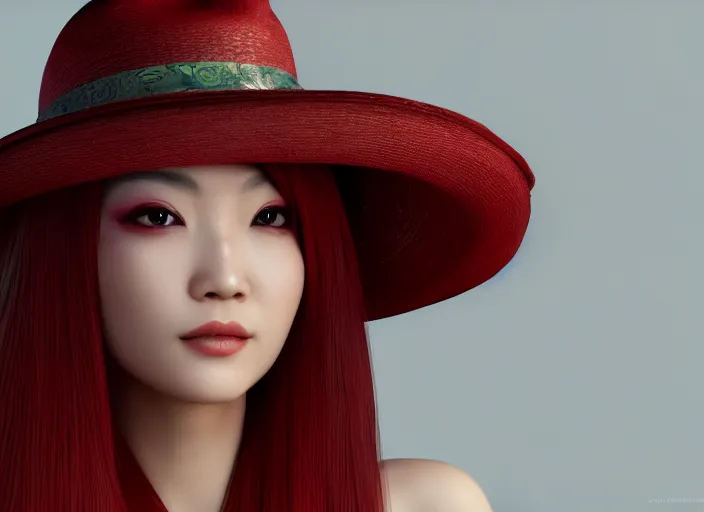 Image similar to stunning render portrait of a beautiful oriental woman with red hair wearing a hat, her eyes are green. 4 k unreal engine, daz, octane, zbrush, maya.