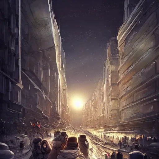 Prompt: It’s crowded on the streets of Russian commie blocks on the Moon city, Norilsk, sci-fi, fantasy, earth seen on the dark sky, intricate, very very beautiful, elegant, highly detailed composition, digital rendering, artstation, concept art, smooth, sharp focus, illustration, art by artgerm and greg rutkowski and alphonse mucha