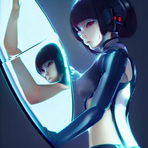 Image similar to digital anime, cyborg - girl breaking a mirror, mechanical insides, reflections, wlop, ilya kuvshinov, artgerm