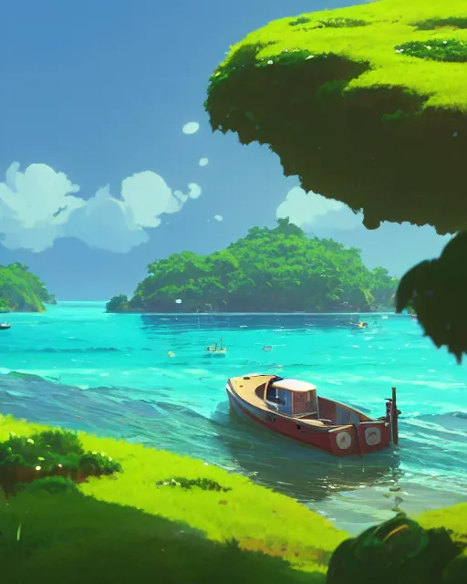 Prompt: small fishing boats around turtle shaped island, lush vegetation, azure water, glowing light, cory loftis, james gilleard, atey ghailan, makoto shinkai, goro fujita, studio ghibli, rim light, exquisite lighting, clear focus, very coherent, plain background, soft painting