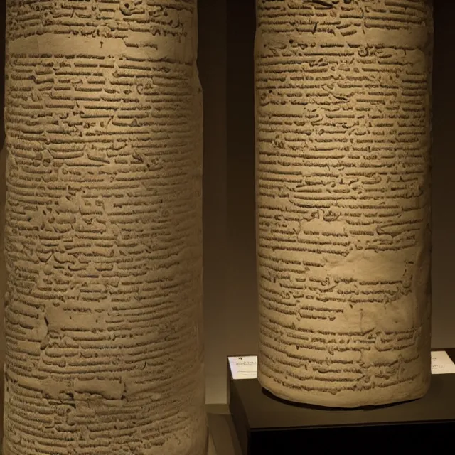 Image similar to a photo of a museum display showing a cylindrical clay holding a dead sea scroll with nabeatean writing, dark, brooding, atmospheric, volume lighting