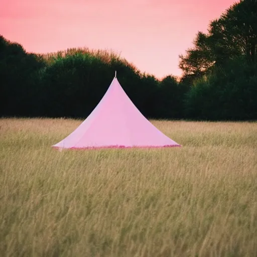 Prompt: a ultra high definition pastel coloured photograph from a holiday photo album. 5 0 mm lens, depicting a pale pink tent pitched and lit fire in a vast field in an alien world, pale pink grass, pale pink sky. no artefacts. highly detailed.