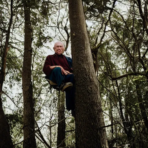 Prompt: an elderly man stuck in a tree, canon eos r 3, f / 1. 4, iso 2 0 0, 1 / 1 6 0 s, 8 k, raw, unedited, symmetrical balance, in - frame