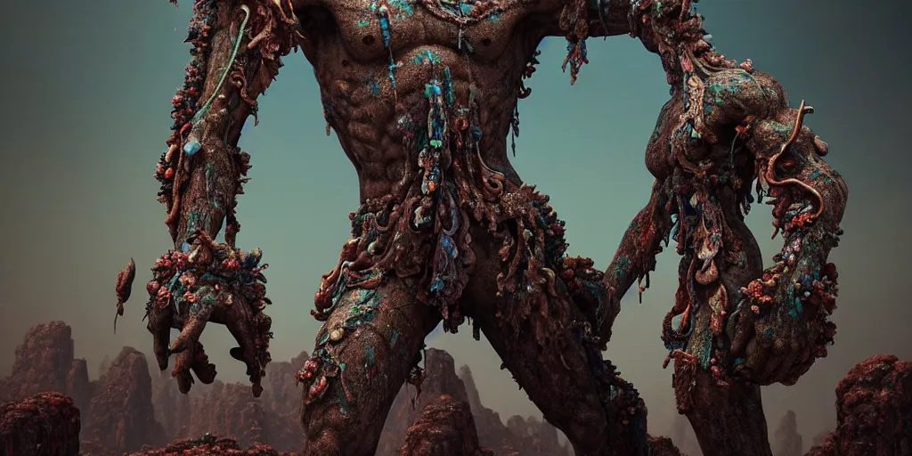 Image similar to ancient giant dead god made entirely of opal in desolate and lush landscape, moody, :: by James Jean, Jeff Koons, Daniel Merrian :: ornate, dynamic, particulate, rich colors, intricate, elegant, highly detailed, centered, artstation, smooth, sharp focus, octane render, 3d