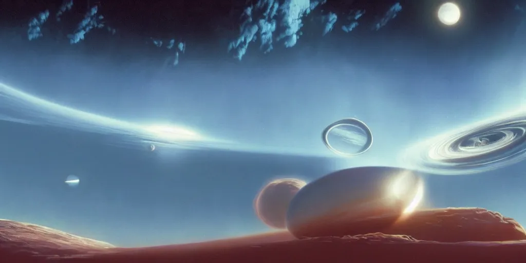 Image similar to blue dreamy cloudscape with a single planet in the clouds, ringed planet, daylight, cinematic lighting, cinematic perspective, syd mead, john harris, federico pelat,