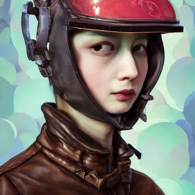 Prompt: highly detailed close portrait of androgynous girl wearing bakelite leather jacket, bakelite rocky mountains, japanese haunted forest, by hsiao - ron cheng and artgerm, modular synthesizer helmet backpack, the grand budapest hotel, glow, no crop, digital art, artstation, pop art, 1 0 5 mm canon, f 2. 8, kodak