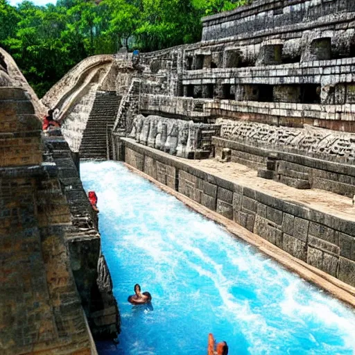 Image similar to ancient mayan waterpark full of carved water slides