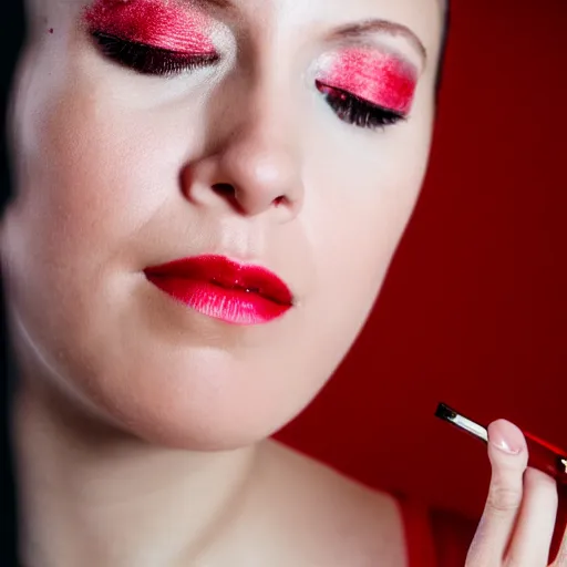 Image similar to close up of Ann Talyor-Joy putting on red makeup in mirror, thin dof, film photo, anamorphic, dramatic lighting,