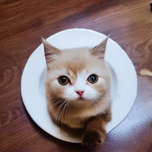 Image similar to very very very very very very very cute chibi adorable beautiful munchkin cat on a plate in a fancy restaurant, professional foot photography