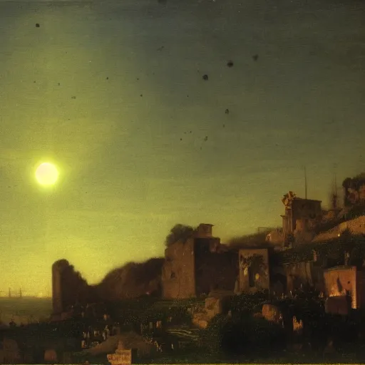 Image similar to dark solar eclipse, above a village, highly detailed, studio 4 k quality, by arnold bocklin