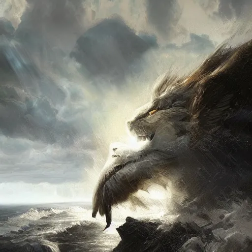 Image similar to A giant winged lion rising up out of a turbulent sea near a rocky shore, by Craig Mullins, very detailed, realistic, epic concept art, light, light Rays, cinematic stormy sky, trending on artstation, epic cinematography, epic composition