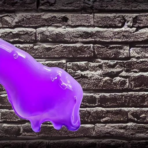 Image similar to photo of purple translucent slime coming out of a silver faucet, brick wall, 50mm, beautiful photo