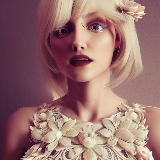 Image similar to beautiful blonde lady in a 3D flower dress , hyperrealistic, ultra detailed, octane render, symmetric, 3d, majestic, dark fantasy, intricate