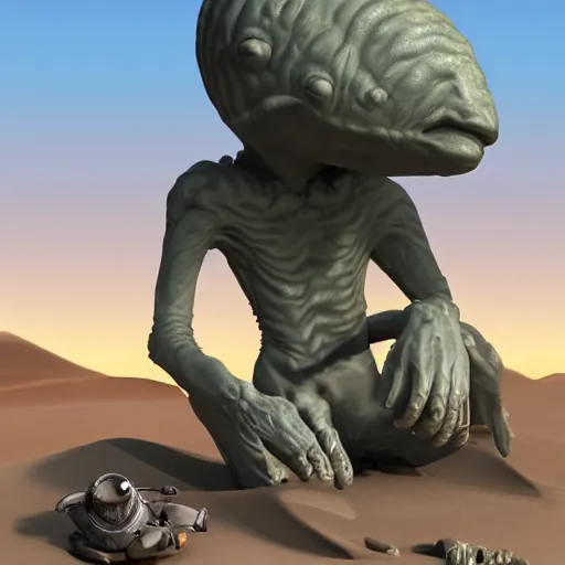 Prompt: a sad Roswell grey alien trying to repair his crashed burning spacecraft in the desert, cactus and rocks in the background, dusk, featured on zbrush central, hurufiyya, zbrush, polycount, airbrush art