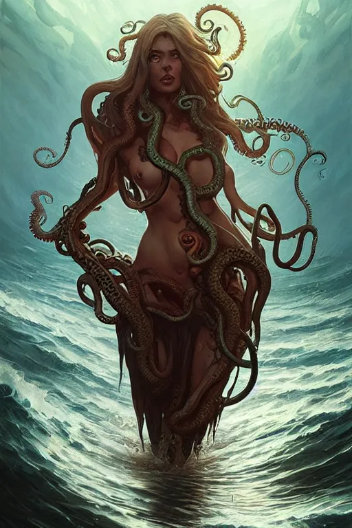 Prompt: lovercraft creature emerging from the sea, horror, darkness, tentacles, highly detailed, digital painting, artstation, concept art, matte, sharp focus, illustration, hearthstone, art by artgerm and greg rutkowski and alphonse mucha