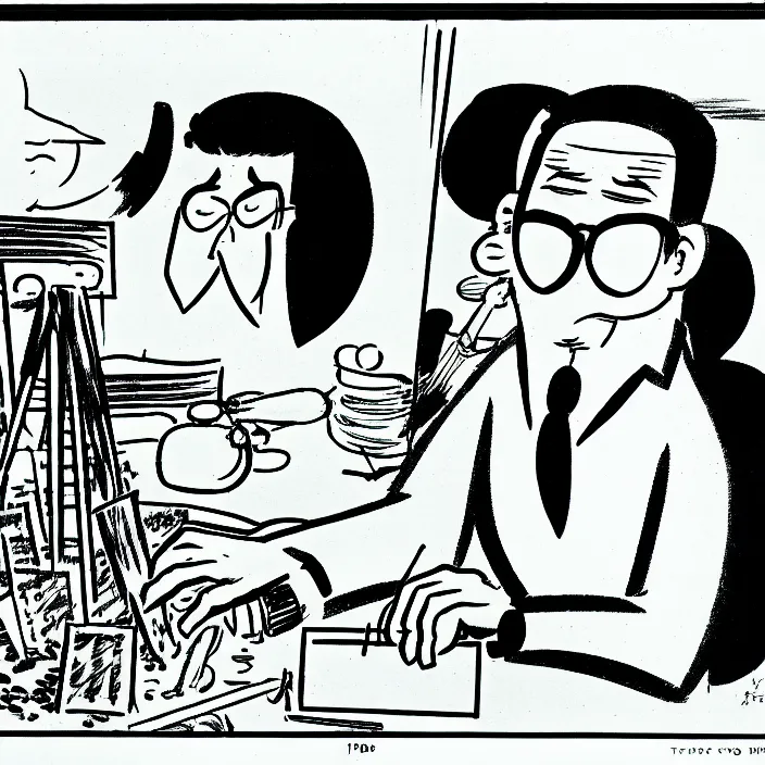 Image similar to a still frame from comic strip, artist at work 1 9 5 0, herluf bidstrup, new yorker illustration, monochrome contrast bw, lineart, manga, tadanori yokoo, simplified,