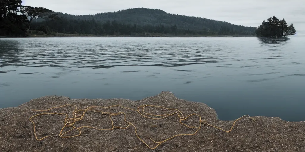 Prompt: centered photograph of a very long rope snaking across the surface of the water into the distance, floating submerged rope stretching out towards the center of the lake, a pebble beach shore in foreground, a dark lake on a cloudy day, color film, trees in the background, hyper - detailed photo, anamorphic lens