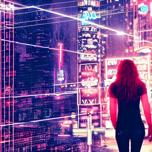 Prompt: skinny pale girl with red hair, cyberpunk city, big logo wex, neon light, rain, foggy