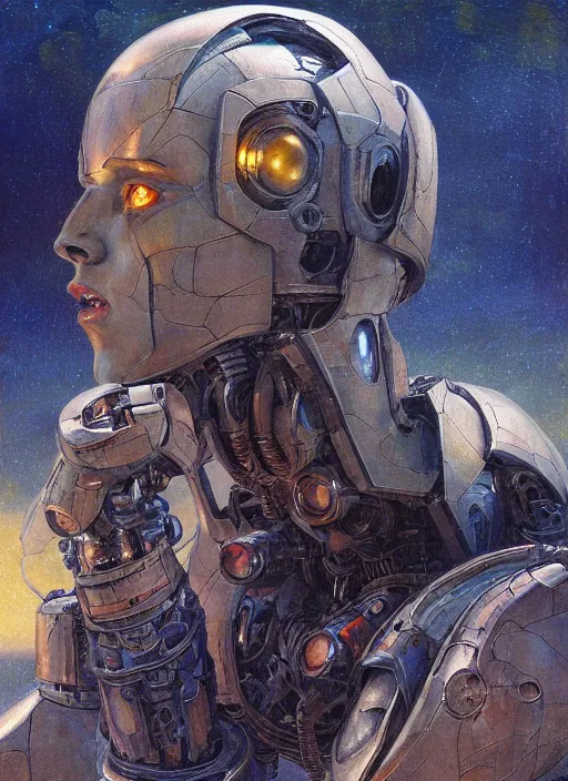 Image similar to biblical shy beautiful female mecha mage android robot casting spells, heavy eyes to the side, closeup, bright glowing veins, in clouds, sunset, portrait, by gerald brom, by mikhail vrubel, by peter elson, muted colors, extreme detail, reflections, trending on artstation, 8 k