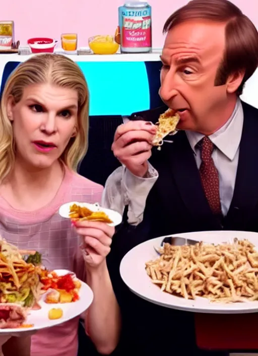 Image similar to polaroid of saul goodman and kim wexler scarfing down food, mukbang, dripping juices, gorging, disgusting