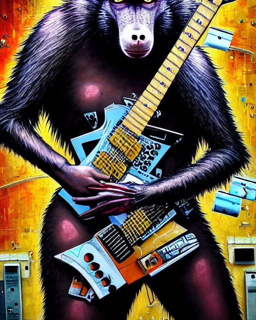 Image similar to a portrait of an anthropomorphic cyberpunk baboon shredding an electric guitar by sandra chevrier, by jon foster, detailed render, tape deck, epic composition, cybernetics, 4 k realistic, cryengine, realistic shaded lighting, sharp focus, masterpiece, by enki bilal