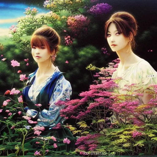 Image similar to a portrait of two beautiful 3 0 year old sisters in a scenic environment by noriyoshi ohrai