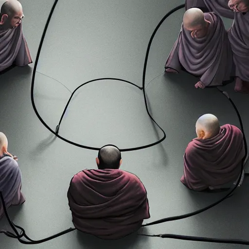 Prompt: 5 monks kneeling in a circle with wires coming out of the back of their heads connecting them to a computer in the center, dark shadowy surroundings, dystopian scifi, horror, Stefan Koidl inspired