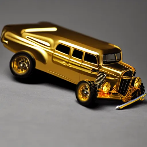Prompt: 3 5 mm photo of metallic gold gasser like hot wheels model with a room as background, epic cinematic, epic lighting